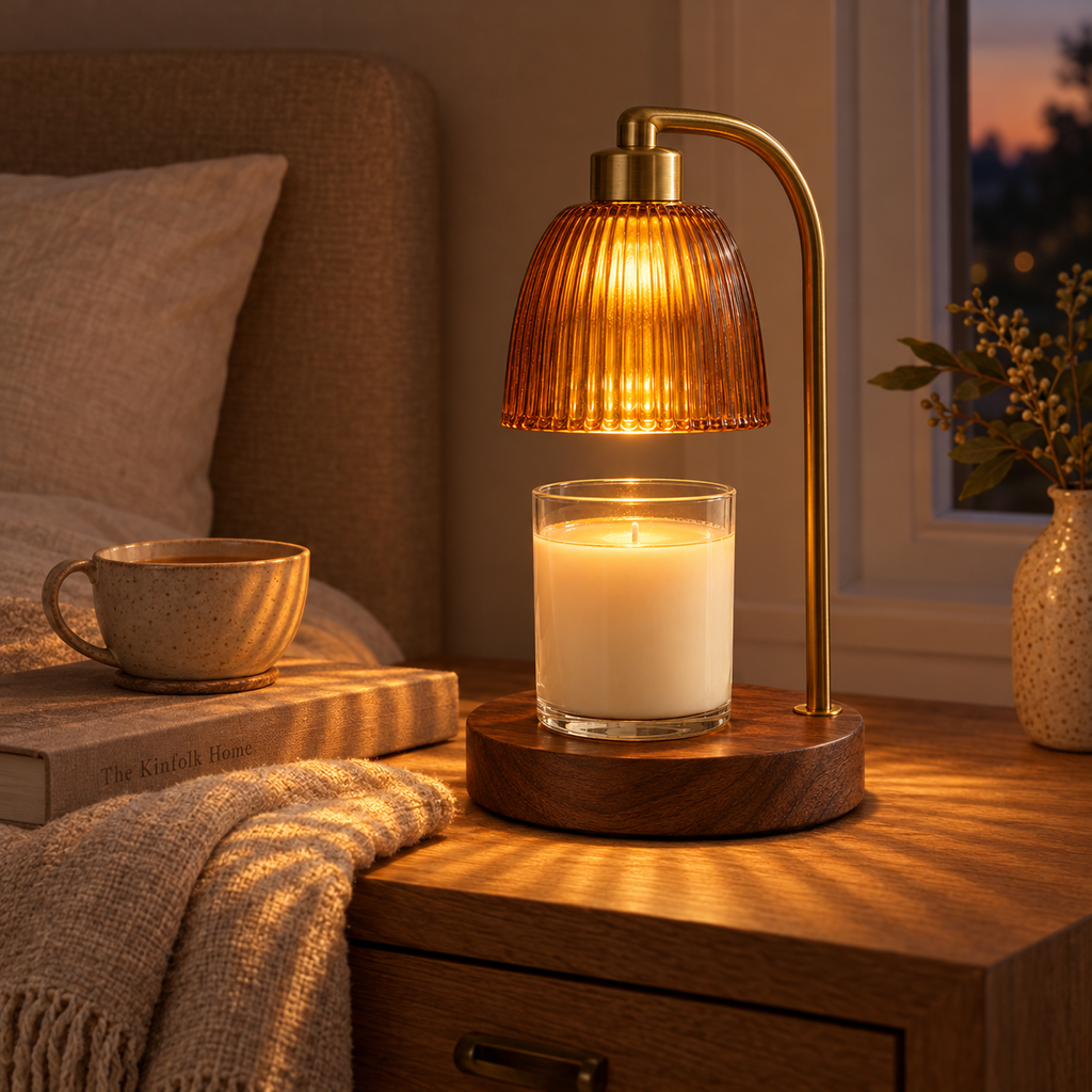 The Aura Vintage Glass Candle Warmer Lamp glowing on an evening bedroom nightstand