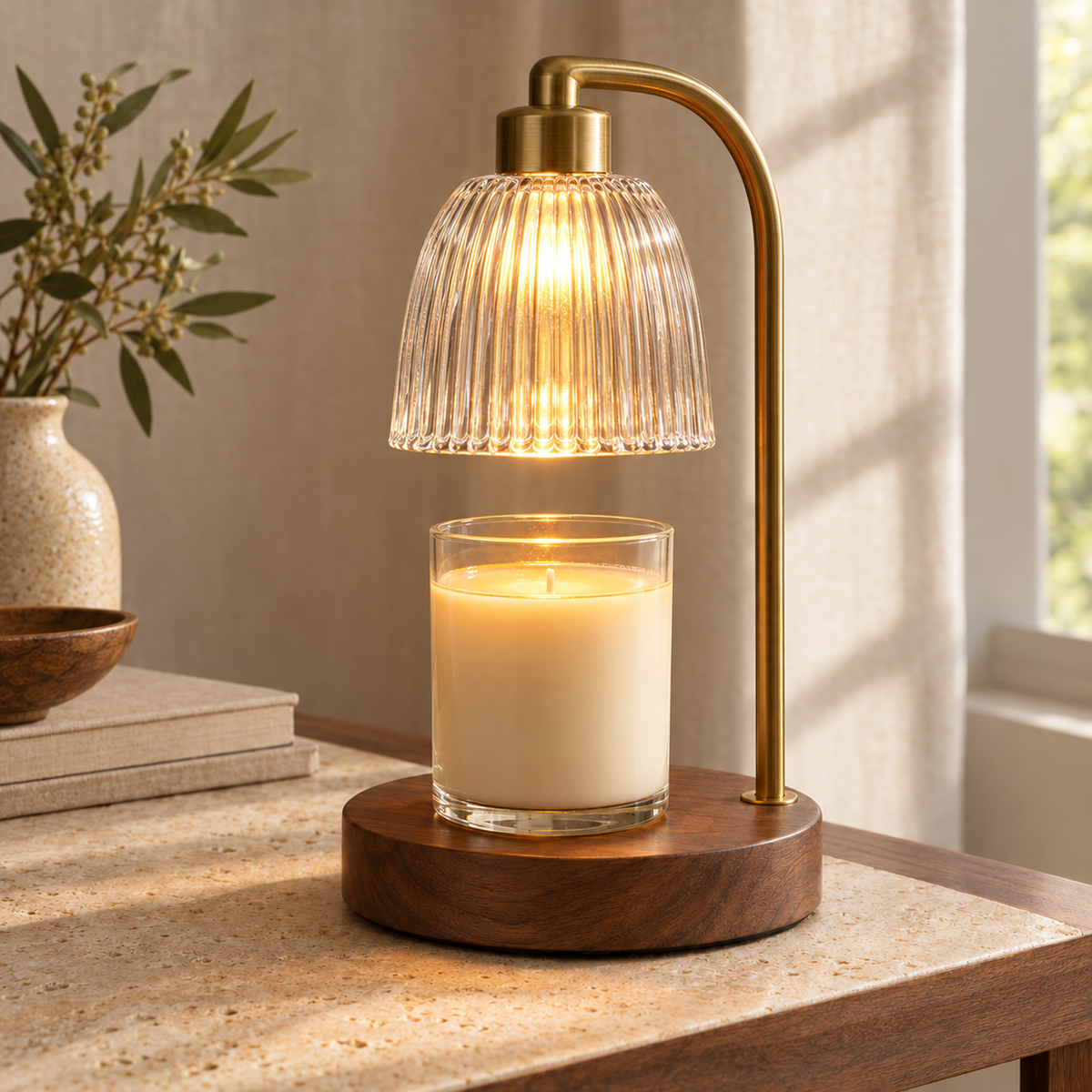 The Aura Dimmable Vintage Glass Candle Warmer Lamp in Clear Ribbed Glass & Brushed Brass