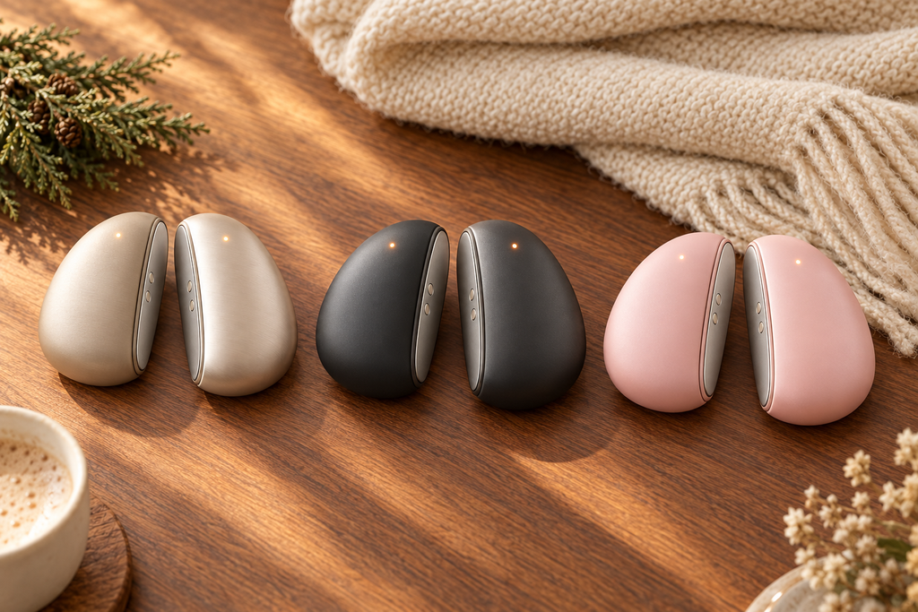 The DuoPalm Hand Warmer Set in Warm Champagne, Matte Charcoal, and Blush Pink