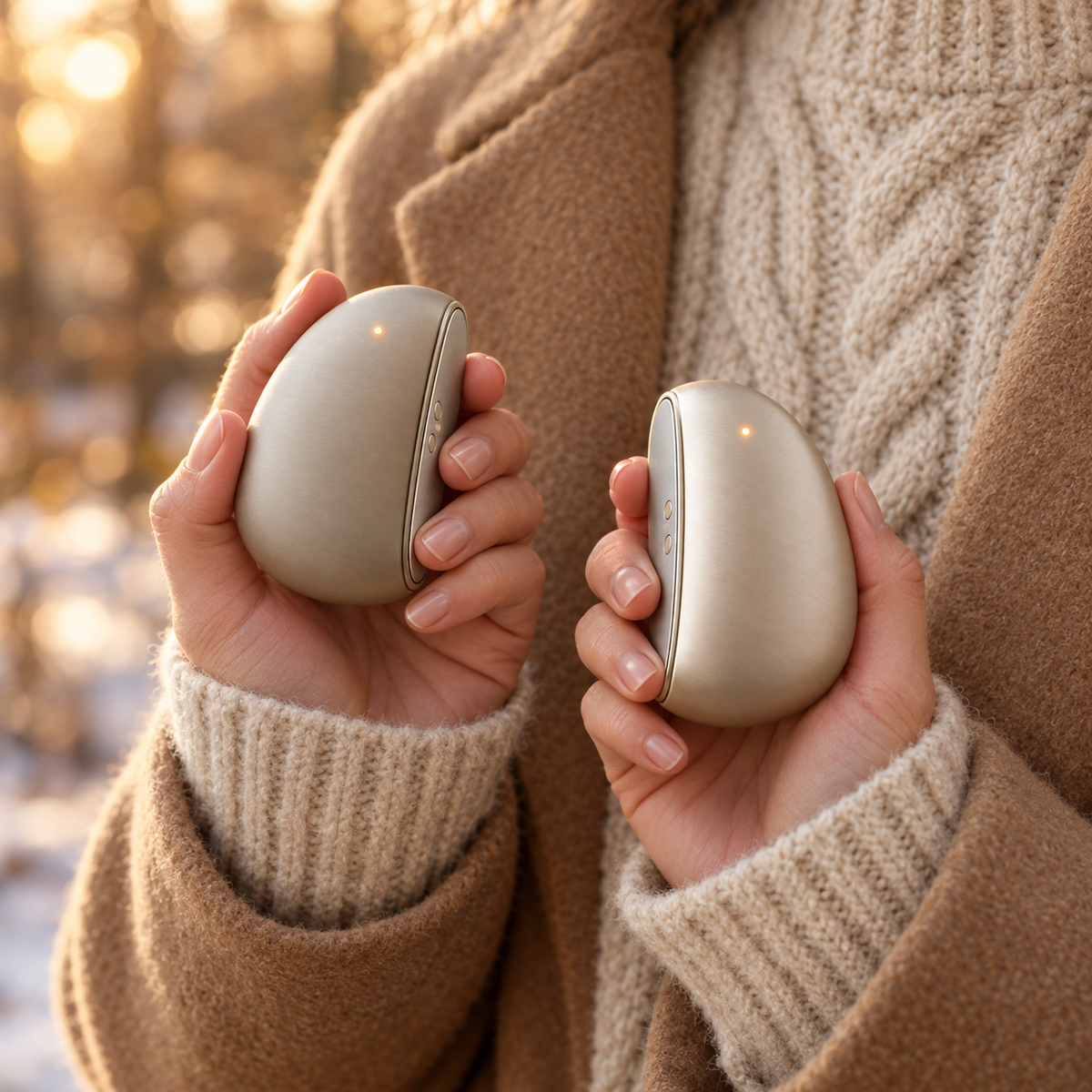 Holding The DuoPalm Split-Magnetic Hand Warmers outdoors in winter